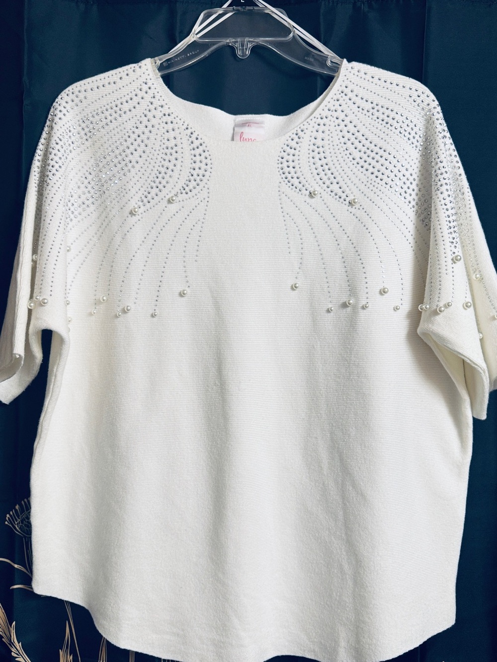 Elegant White Crewneck Sweater with Pearl & Rhinestone Accents